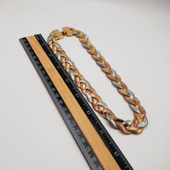 Vintage Monet 3 Tone Braided Snake Chain Necklace 16” Signed 1980s - Picture 6 of 10